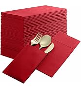 50-Pack Disposable Linen-Feel Dinner Napkins with Built-in Flatware Pocket, BRIGHT RED Prefolded ...