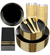 NOCCUR 350PCS Black and Gold Plastic Plates - Black Disposable Dinnerware Set for 50 Guests, 100 ...