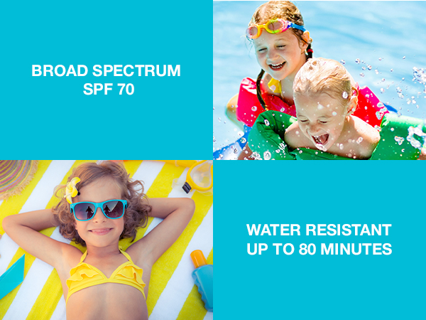 Children playing in the water with water resistant broad spectrum SPF 70 protection