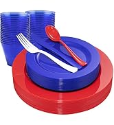 KIRE 150PCS 4th of July Plates & Red White Blue Disposable Plastic Silverware &Clear Blue Cups-Am...