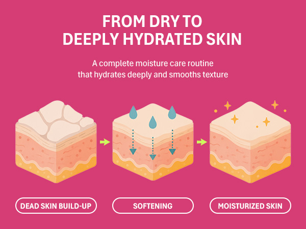 Skin cross-section diagram: dry skin build-up, softening with hydration, then moisturized skin.