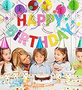 LITAUS, Birthday Decorations, NO DIY - Pack of 16 | Colorful Happy Birthday Banner, Honeycomb Bal...