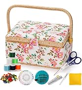 ZOOFOX Sewing Basket with Accessories, Wooden Sewing Kit Storage Box with Removable Tray, Vintage...
