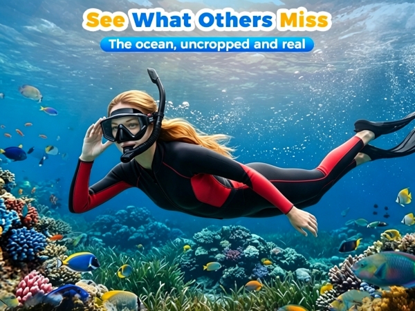 man snorkeling over coral reef looking back at sea turtle through 3-window mask wide uncropped view