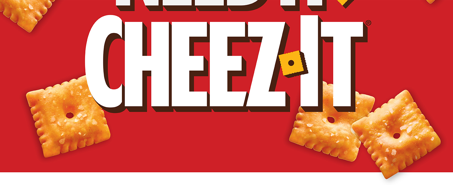Want It. Need It. Cheez-It logo on a red background with a scattering of Original Cheez-It crackers