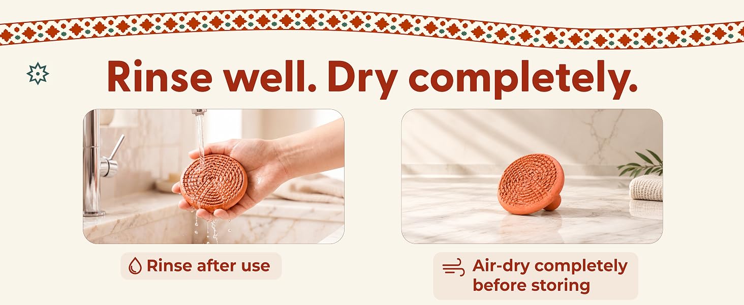 A terracotta foot scrubber is rinsed under a tap, then left to air-dry before storage