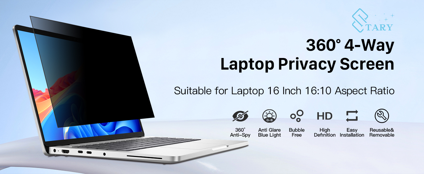 Text reads '360° 4-Way Laptop Privacy Screen'. Technical product diagram showing laptop screen protector with various viewing angle demonstrations and specifications.