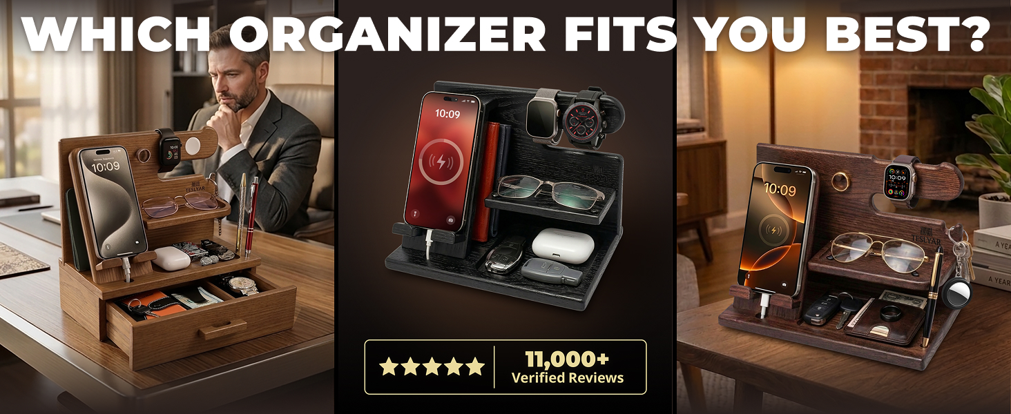 Text reads 'WHICH ORGANIZER FITS YOU BEST?'. Three photos showing wooden desk organizer, dark desktop organizer, and light-colored desk organizer with various storage compartments in different room settings.