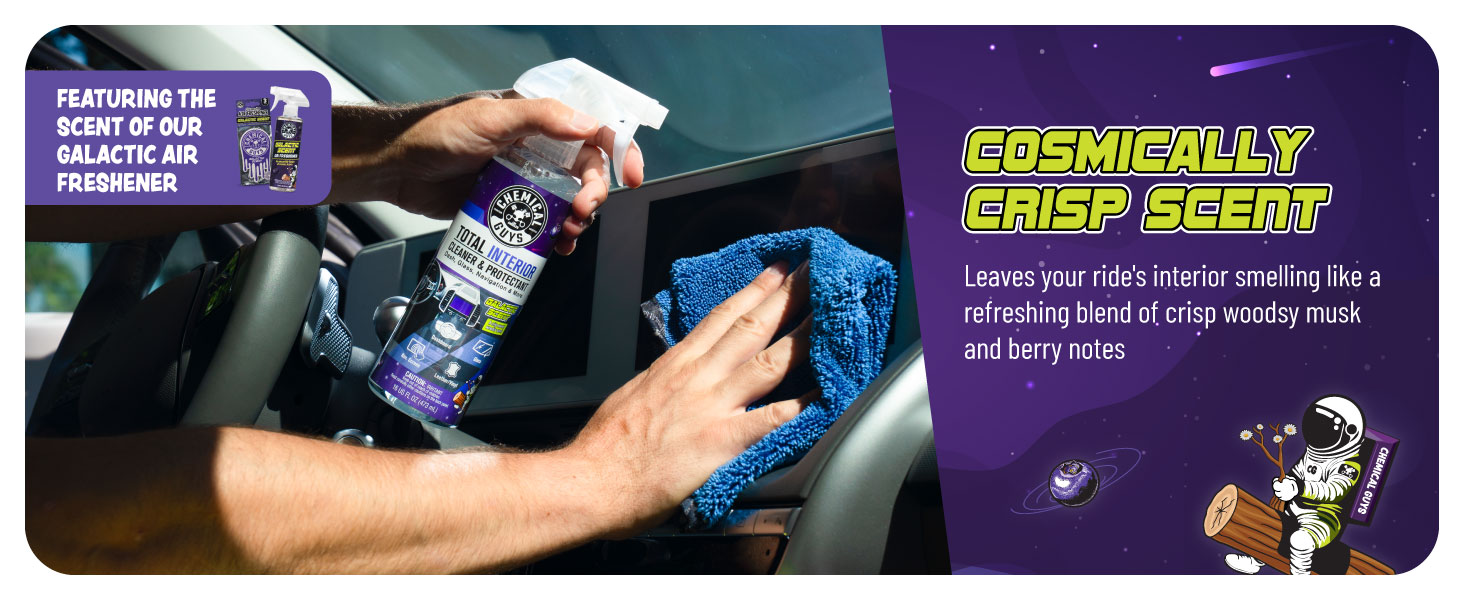 Car interior cleaner and protectant removing dust and dirt for a balanced, streak-free finish