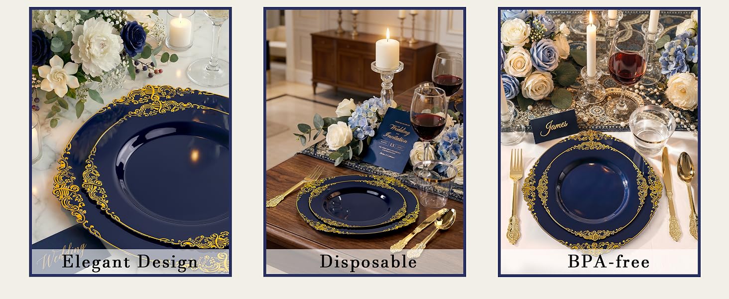 blue and gold plates