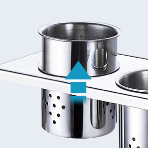 Stainless steel cookware illustration showing upward blue arrow, demonstrating removal or insertion of a pot or container.