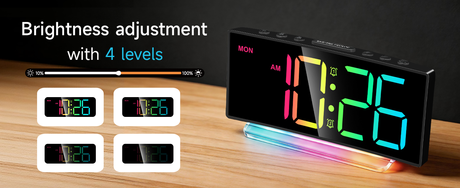 4 level brightness dimmer LED alarm clock adjustable display for bedroom bedside nightstand