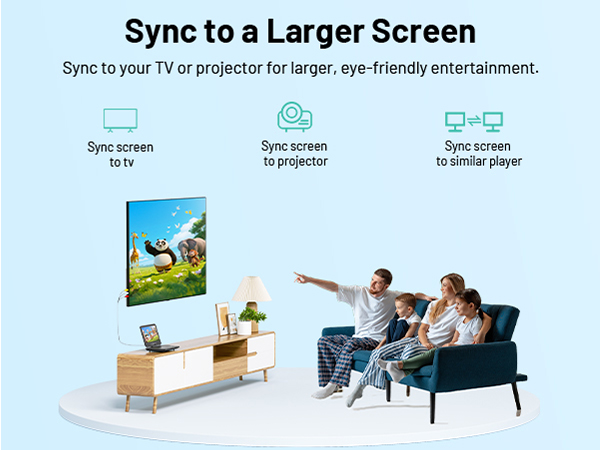 portable dvd player connects to TV, projectors, and other players easily for synchronized playback.