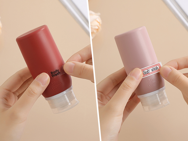 travel bottles with stickers, travel bottles with lags, travel bottles with labels