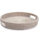 14.2 inch Round Rattan Tray, Woven Serving Tray with Cut - Out Handles, Wicker Serving Basket, Wh...