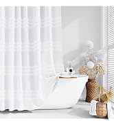 Dynamene White Fabric Shower Curtain, Tufted Chenille Striped Textured Cloth Shower Curtain for B...