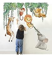 Runtoo Safari Animals Wall Decals Palm Leaves Giraffe Lion Elephant Wall Art Stickers for Kids Be...