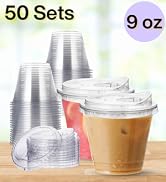 9 oz Clear Plastic Cups with Strawless-Sip-Lids, 50 Sets Disposable Cups Plastic Iced Coffee Cups...