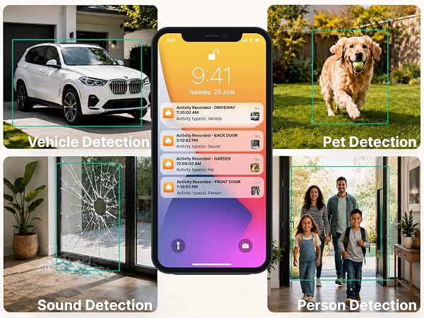 AlfredCam security camera app showing vehicle, pet, sound, and person detection alerts