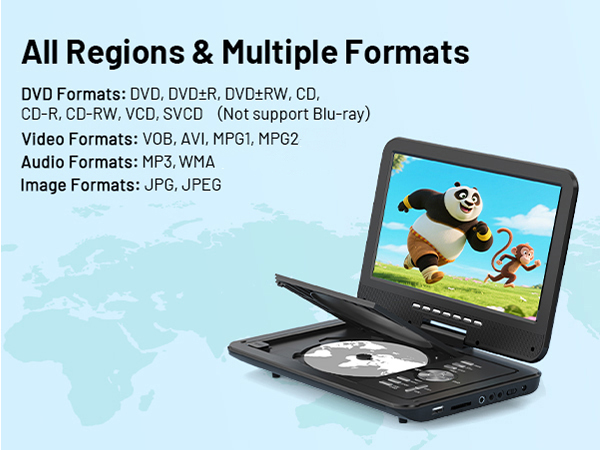 Region-free and supports DVD±R, DVD±RW, CD, CD-R, CD-RW, VCD, VOB, AVI, MPG1, MP3, WMA, JPG, JPEG