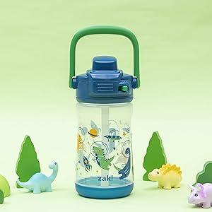 Kids plastic water bottle with dinosaur design and dinosaur toys in background