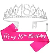 CAVETEE 18th Birthday Crown for Girls, 18th Birthday Tiara and Sash Set for Women It's 18th My Bi...