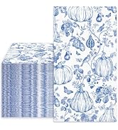 Whaline 40 Pcs Fall Thanksgiving Guest Napkins Blue Pumpkin Disposable Paper Napkin Chinoiserie T...