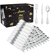 Liacere 400PCS Silver Plastic Silverware - Pre Rolled Napkins Disposable Silver Cutlery-Premium Q...