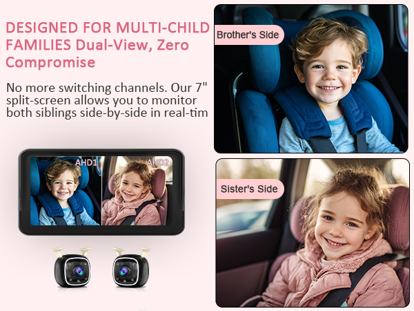 Baby Car Camera for 2 Kids - 7 Inch HD1080P Split Screen Baby Monitor with Dual Backseat Camera