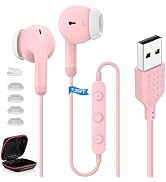 ASKUBSKU Wired Earbuds USB Headsets with Mic for PC 7.5FT Cable, Pink | USB Headphone for Compute...