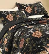 Litanika Floral Black Quilt Queen Size - 3 Pieces Botanical Birds Pattern Quilt Bedding, Lightwei...