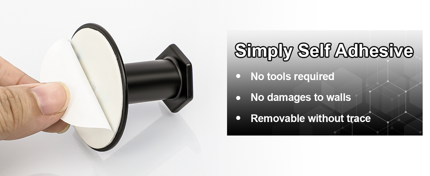 Self-adhesive wall hook being installed. Black circular base with white hook. Text highlights: no tools required, no wall damage, removable without trace.