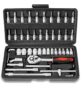 LATTOOK 1/4 Inch Drive Socket Set, 46 Pieces Ratchet Wrench Set With Metric CR-V Sockets, Bit Soc...