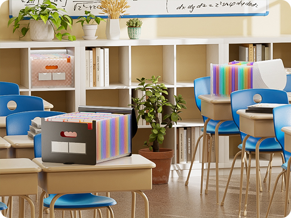 Classroom interior with beige shelving unit, blue student chairs, and desks. Colorful file folders and potted plants visible. Organized storage and seating arrangement for educational setting.