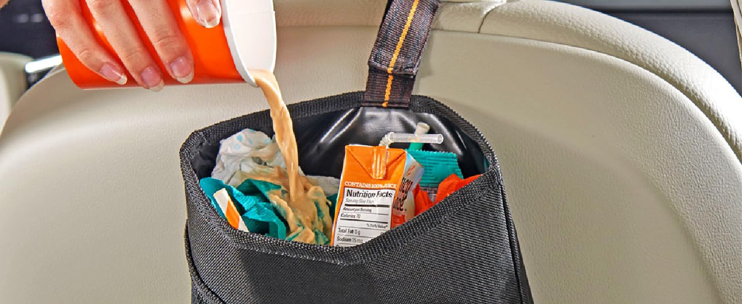 black high road car trash bag on the seatback