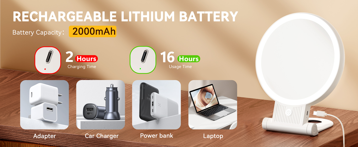 2000mAh rechargeable battery, 2h charging for 16h use, supports multiple charging methods