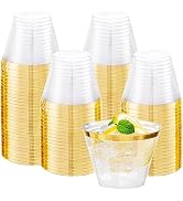 I00000 Heavy Duty Plastic Cups, 9 oz, Gold Rimmed, Clear, 100 Count, BPA Free, Disposable, for Pa...