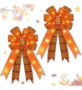 Timer - 2 Pack Prelit Fall Wreath Bows with 40 LED Lights Total, 18 Inch Orange Buffalo Burlap Pl...