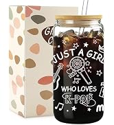 Mikopei Kpop Gifts for Girls - Just A Girl Who Loves K-Pop Glass Cup with Lid and Straw, Kpop Mer...