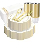 Realluck 350 PCS White and Gold Plastic Plates, Gold Disposable Plates for 50 Guests, Includes 10...