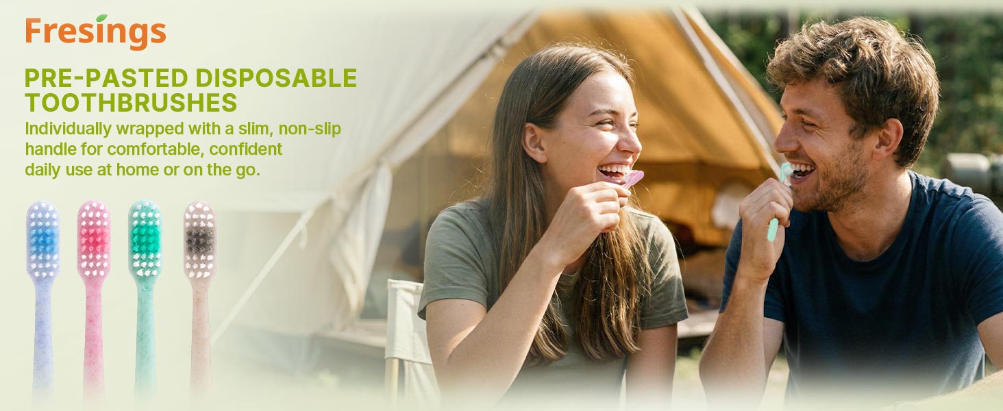 Travel-ready pre-pasted disposable toothbrushes, individually wrapped, slim non-slip handle