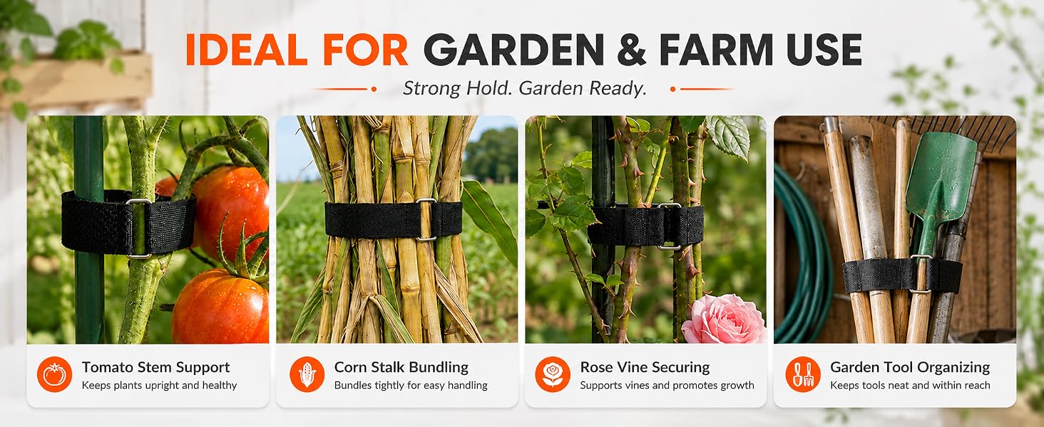 Hook and loop plant ties for garden & farm, vine and tool bundling application banner