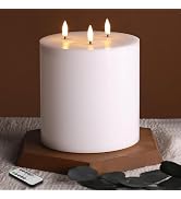 Eywamage White 3 Wick Flameless Pillar Candle F 6" H 6", Giant Real Wax Flickering LED Candle wit...