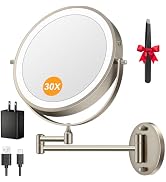 5000mAh Rechargeable Wall Mounted Lighted Makeup Mirror, 9'' 30X/1X Double-Sided Magnifying Mirro...