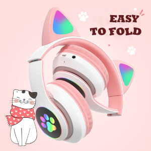 Kids Headphones Cat Ear Wireless Headphones LED Light Up Kids Bluetooth w/Microphone for iPhone/iPad