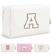 Small Personalized Initial A-Z Preppy Patch Makeup Bag,White PU Chenille Letter Travel Cosmetic P...
