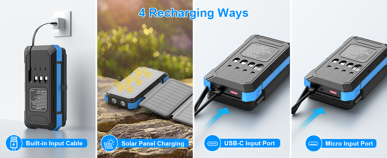 Solar Charger Power Bank 49800mAh with 4 Built-in Cables & 3 Foldable Panels