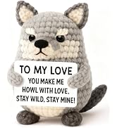 WEYON Husband Birthday Gifts for Men, Handmade Crochet Gray Wolf Plush with Message Sign, Romanti...