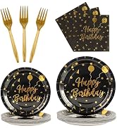 96PCS Happy Birthday Plates and Napkins Party Supplies, Black and Gold Disposable Paper Plates an...