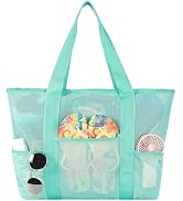 coclothy Mesh Beach Bag, Large Bag with Zipper Beach Bags for Women Waterproof Sandproof with 5 P...